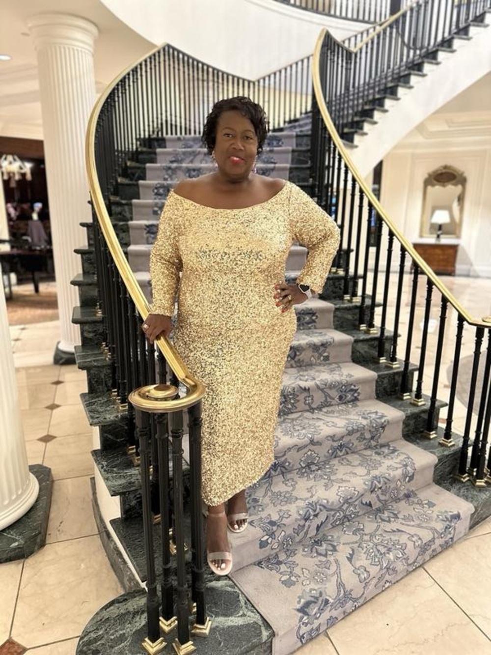 ELOQUII OFF THE SHOULDER SEQUIN COLUMN DRESS IN GOLD - Picture 12 of 12